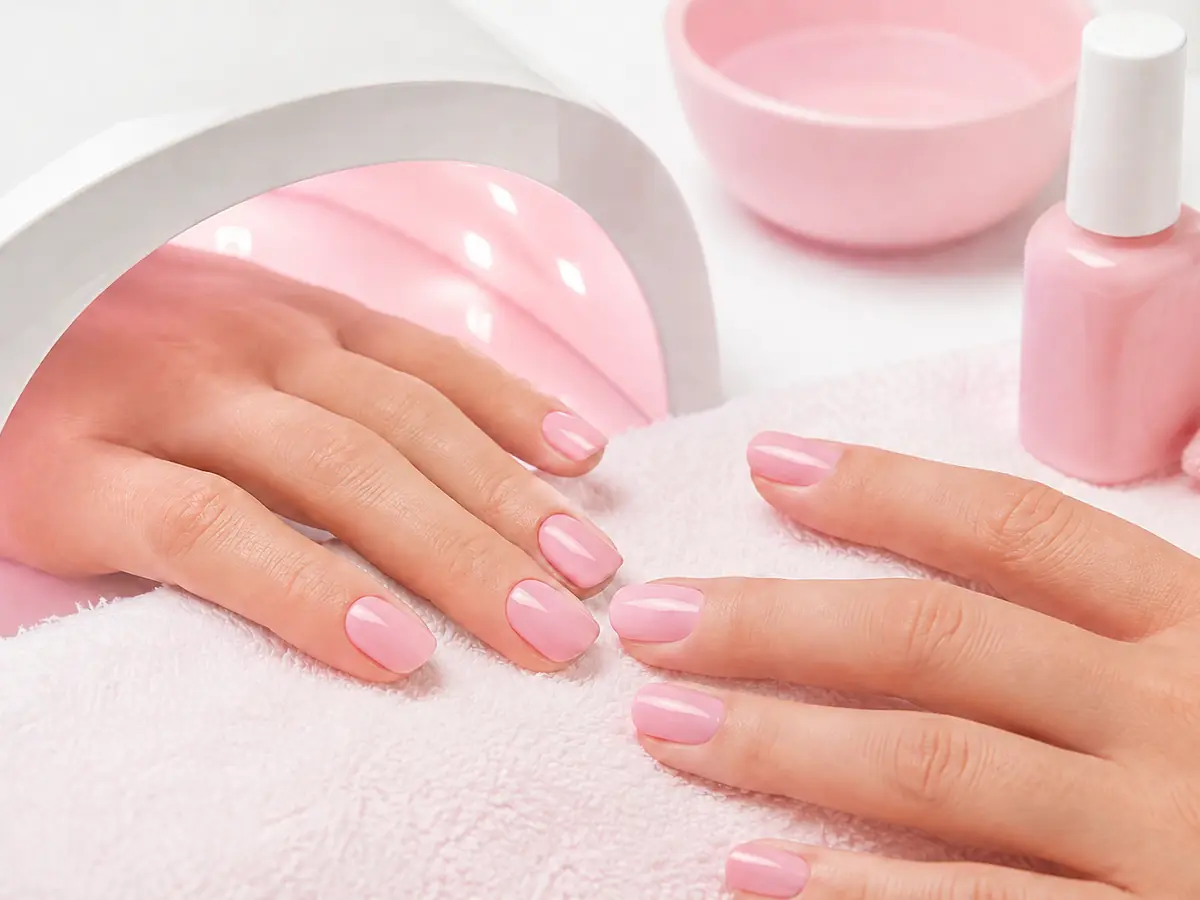 Glossy soft-pink and milky-white Shellac manicure