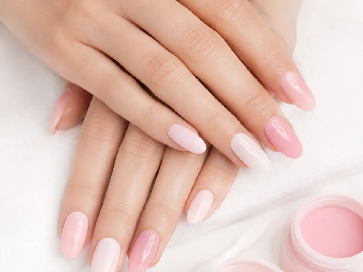 Finished almond-shaped acrylic and gel powder nail set