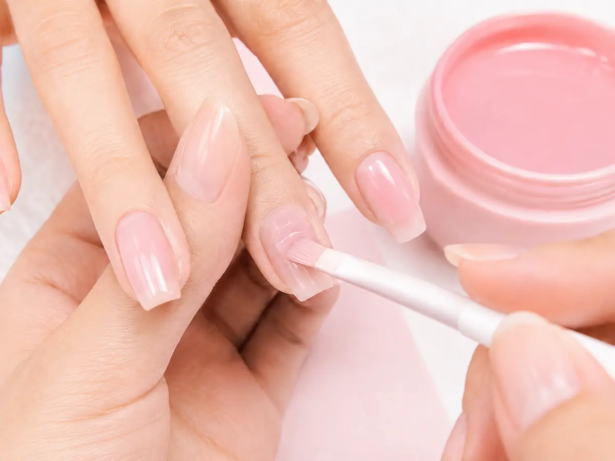 Builder gel being applied to softly shaped nails
