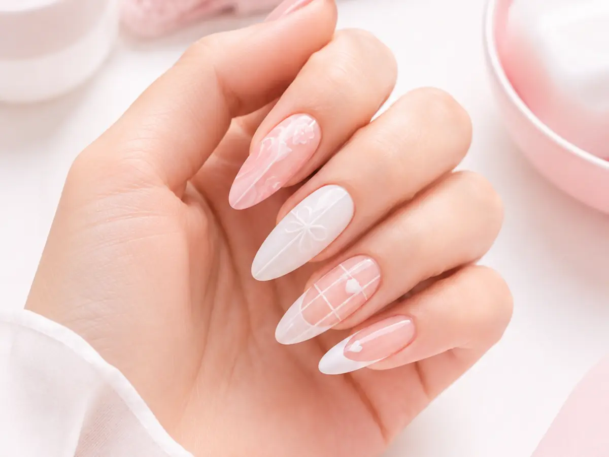 Detailed soft-pink and white nail design on long nails