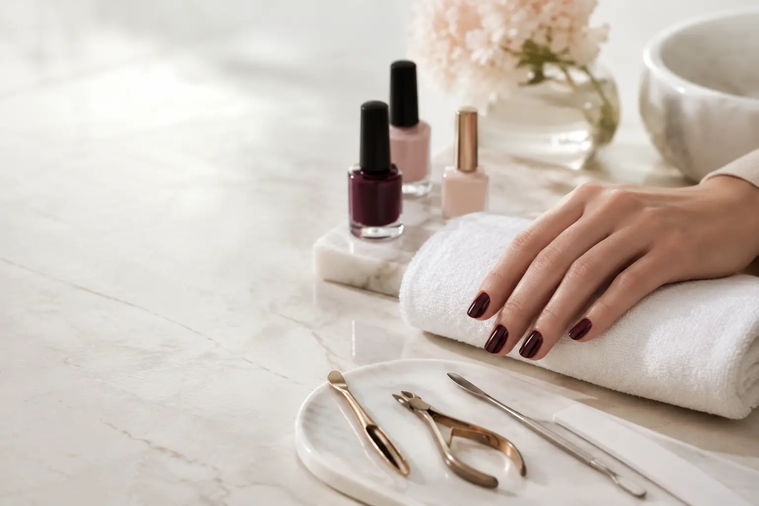 Elegant manicure setting with polished deep berry nails