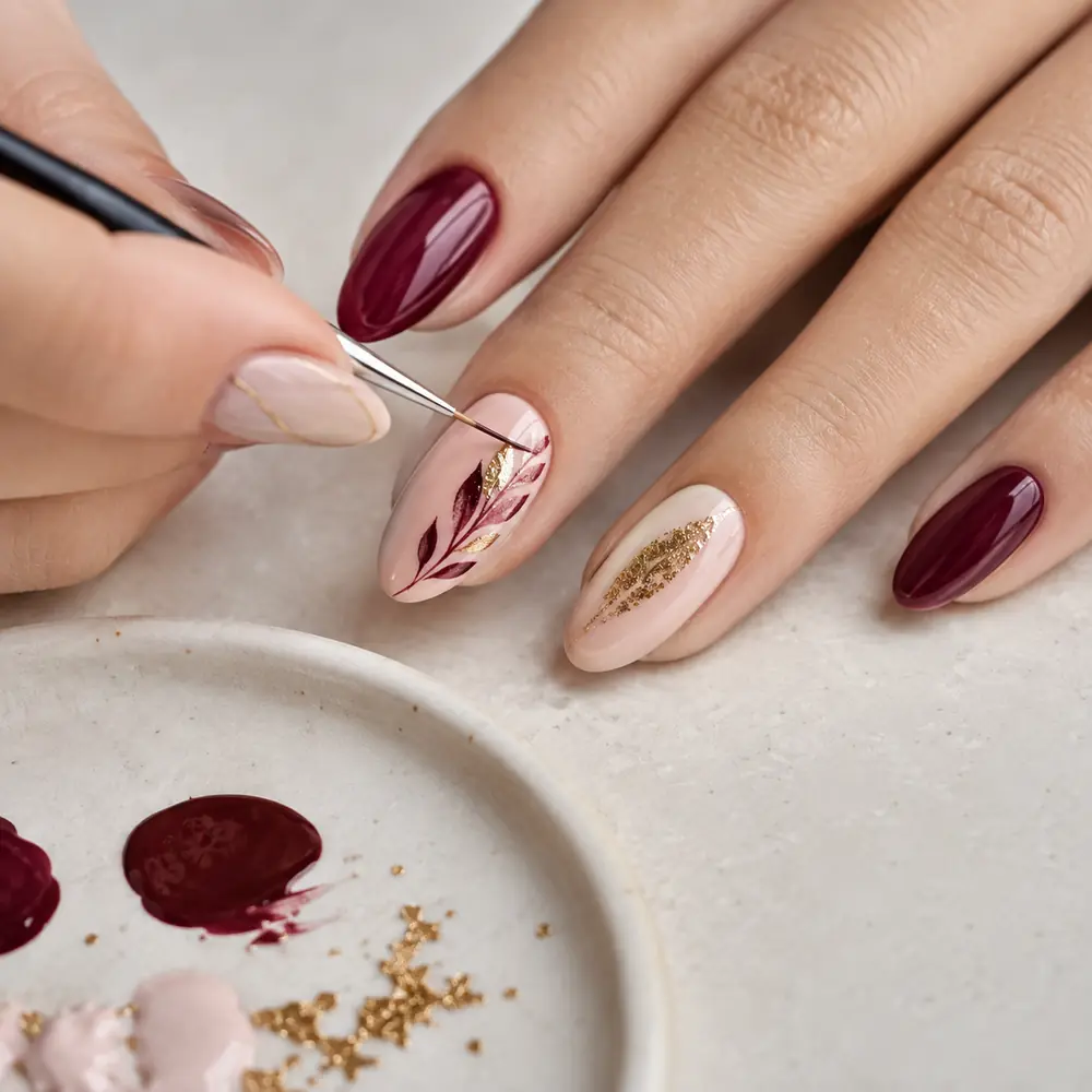 Detailed berry and gold nail art being painted