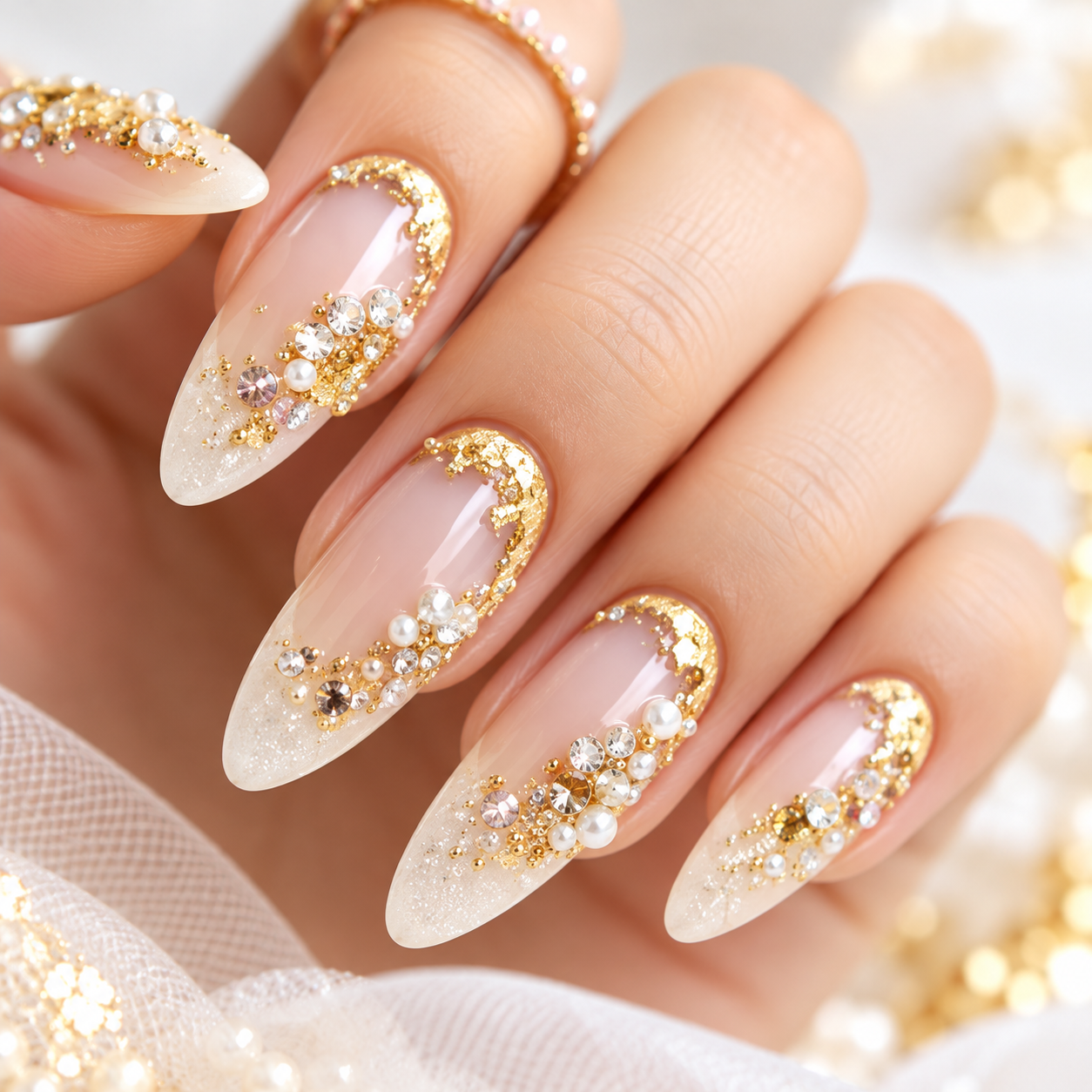 Blush almond nail art with gold foil and crystal accents