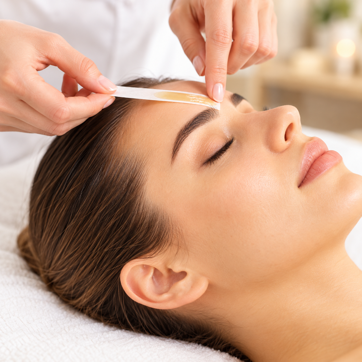 Careful eyebrow waxing treatment in a clean beauty setting