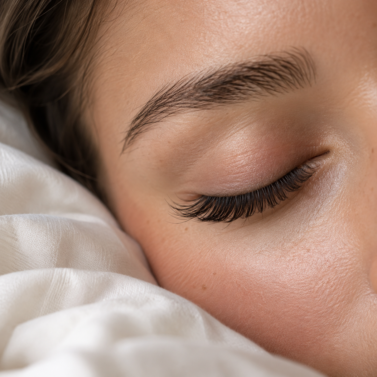 Soft curled eyelash extensions and a naturally groomed brow