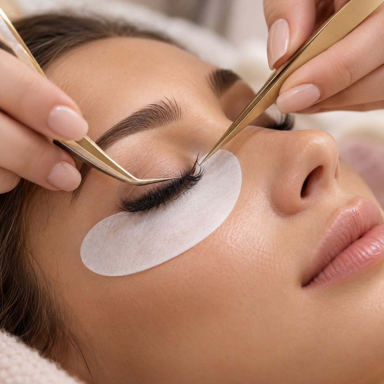 Precision eyelash extension service in soft natural light