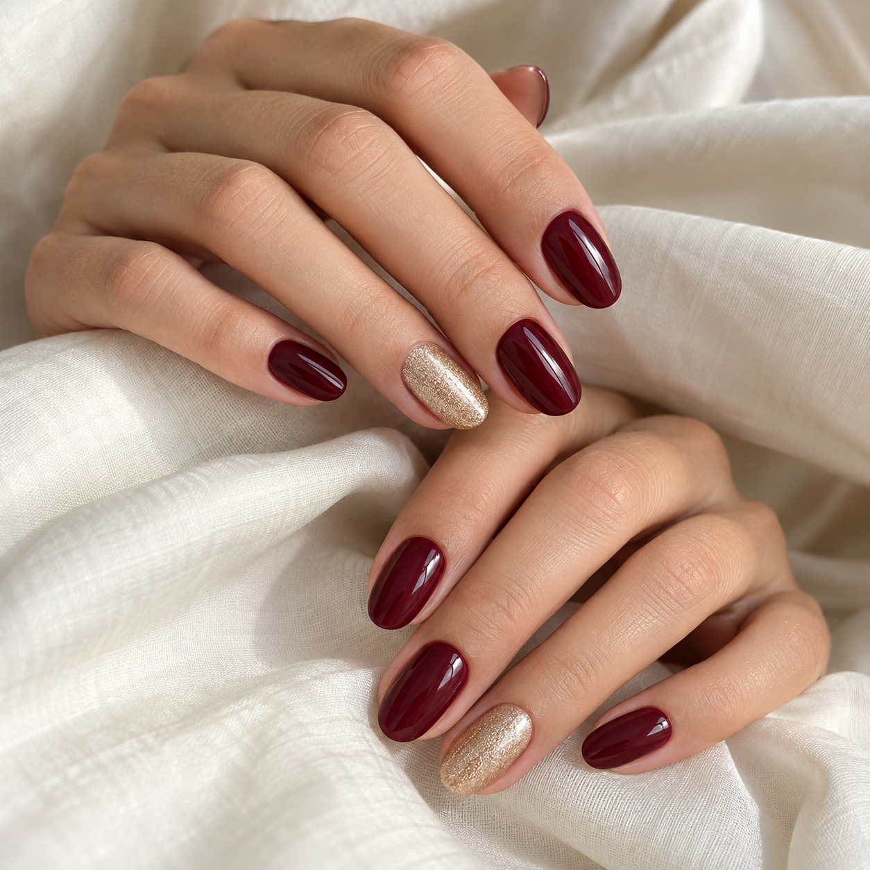 Glossy burgundy gel manicure with a champagne accent nail